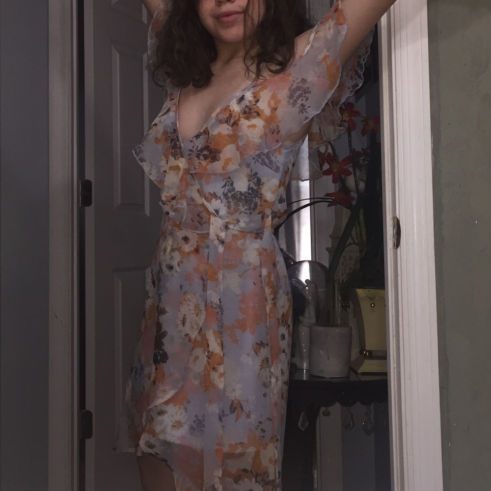 Vneck, floral see-through fabric+satin under dress